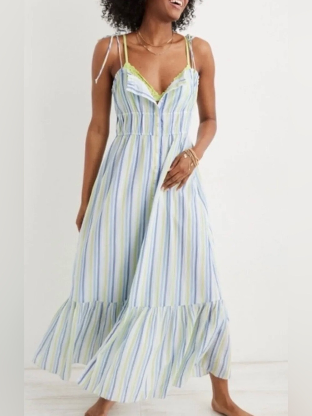 Aerie Button Front Maxi Dress Striped Cotton Blue Green Medium